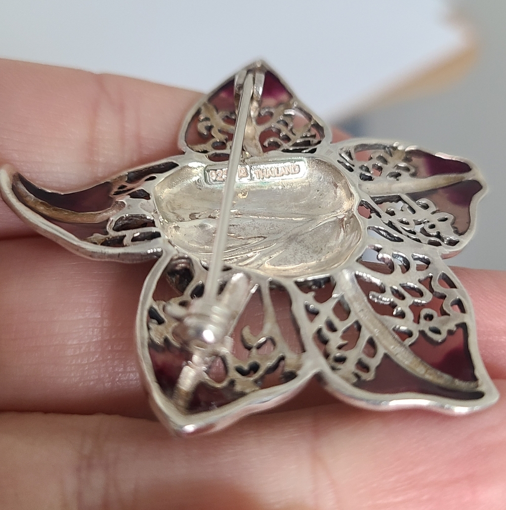 Vintage Boho Sterling Silver Marcasite Crystal Enamel Orchid Flower Brooch Pin - Picture 7 of 9